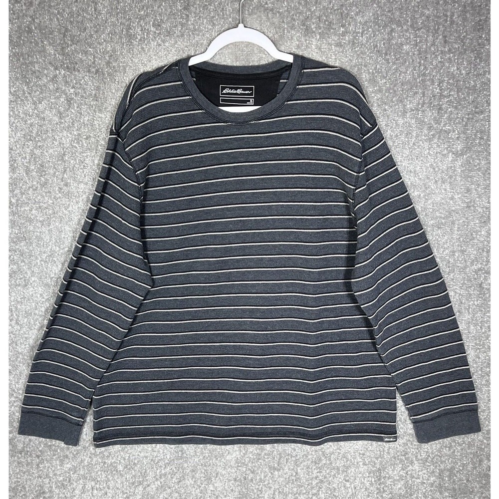 Eddie Bauer Long Sleeve Waffle Knit Striped Crew‎ Neck Shirt Mens Size XL Blue